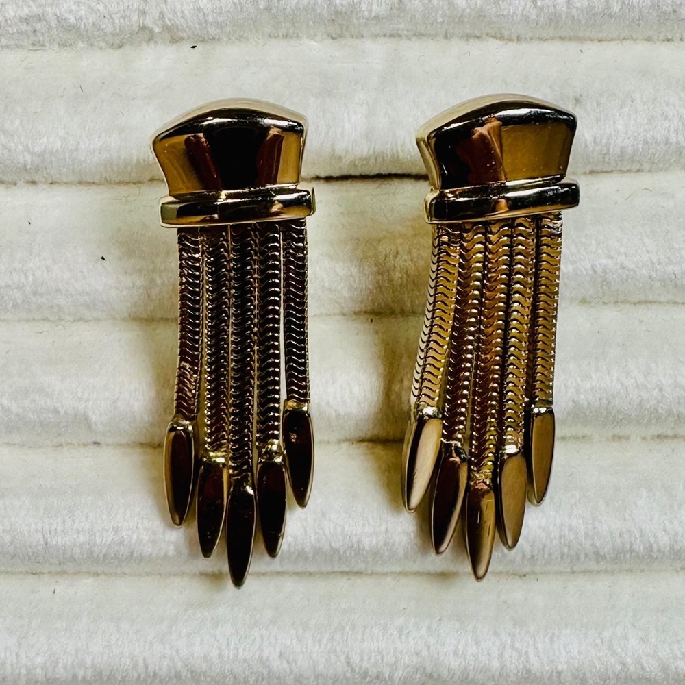 Vintage MCM Monet Gold Tone Tassel Fringe Clip On Earrings Signed PAT'D 1.5"